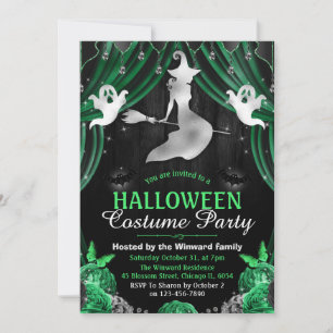 Svart & Grön Häxa & Glittrande Gardiner Halloween Inbjudningar