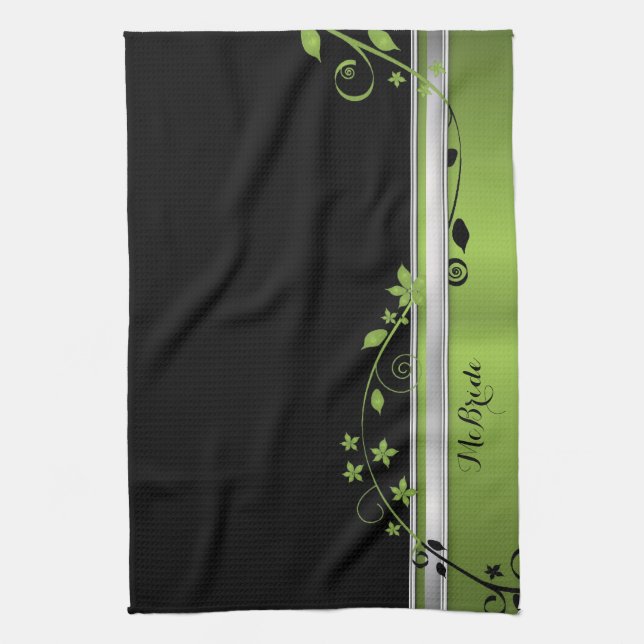 Svart & grön kökshandduk för elegant blommigt (Vertikal)