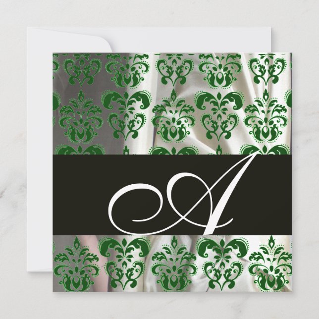 SVART GRÖN VIT SILKE DAMAST TYG MONOGRAM INBJUDNINGAR (Framsida)