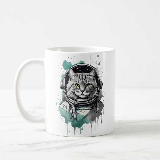Svart Grönt Astronaut Cat Design Kaffemugg (Vänster)