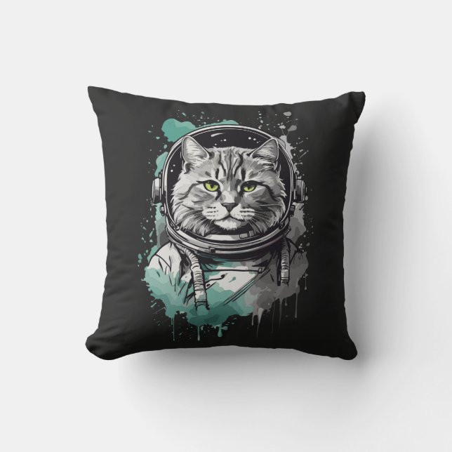 Svart Grönt Astronaut Cat Design Kudde (Framsida)