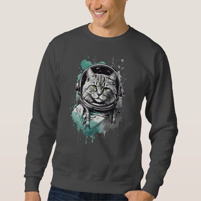 Svart Grönt Astronaut Cat Design Lång Ärmad Tröja (Framsida)