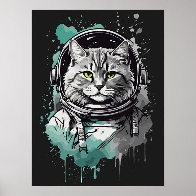 Svart Grönt Astronaut Cat Design Poster (Framsidan)