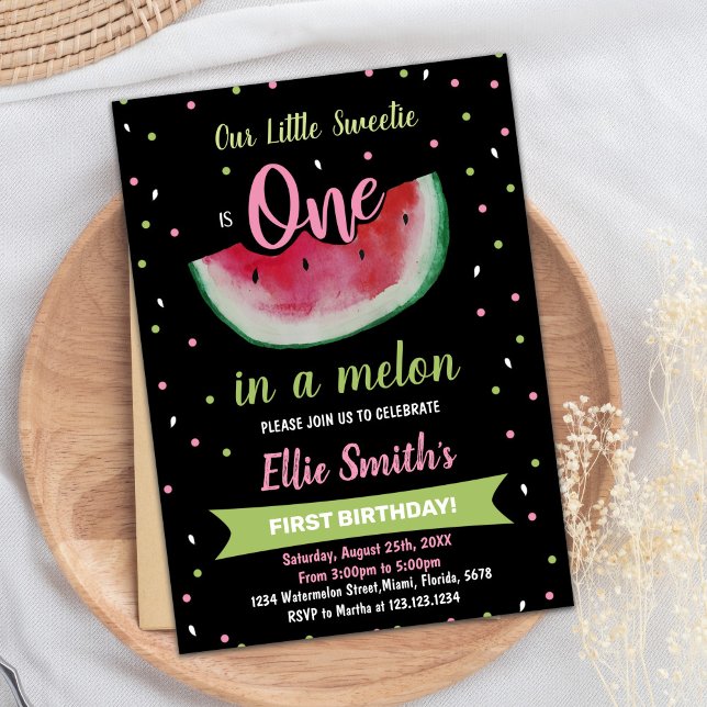 Svart Grönt: Bjuda in årgång med vattenmelon Inbjudningar (1st Black Green Watermelon Birthday Invitations)