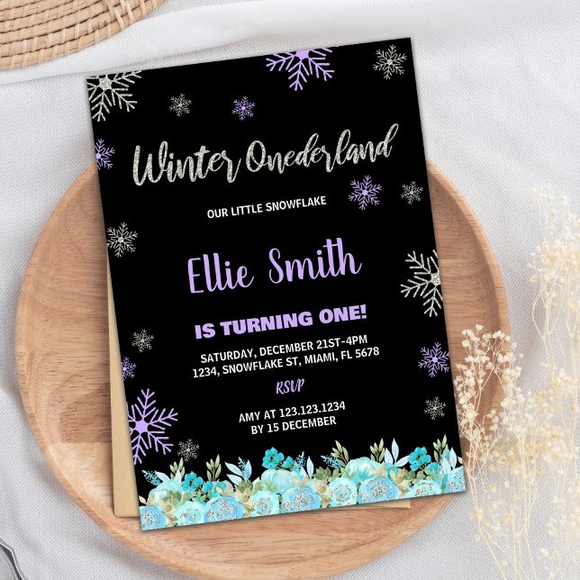 Svart Grönt Blommigt Winter ONEderland-inbjudninga Inbjudningar (Black Green Floral Winter ONEderland Invitations)