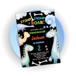 Svart Grönt Dinosaur Birthday-inbjudningar Inbjudningar