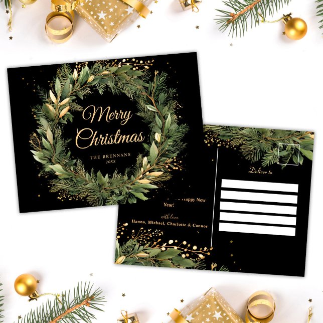 Svart Grönt, Elegant, julmodern botanik Helg Vykort (Black Green Elegant Christmas Modern Botanical Holiday Postcard)