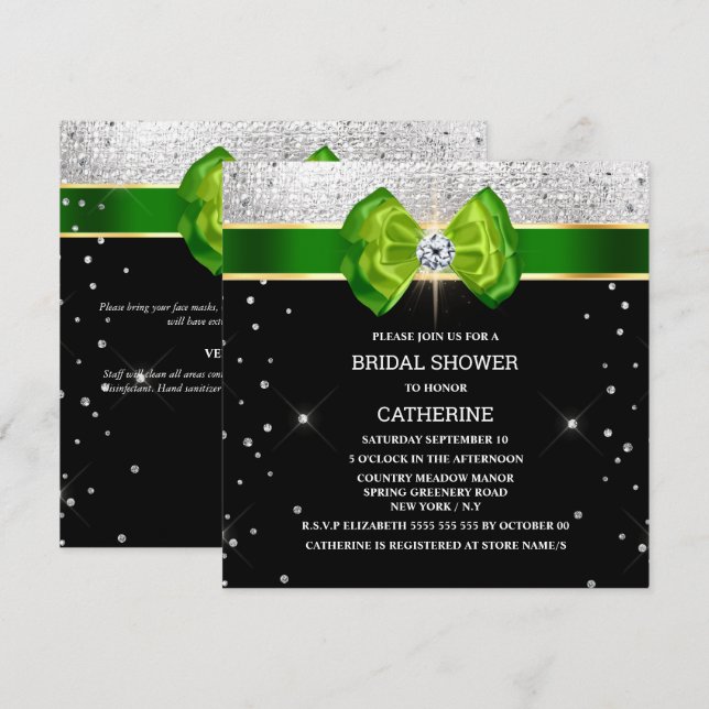 Svart grönt elegant silver gnistra inbjudningar (Fram/baksida)