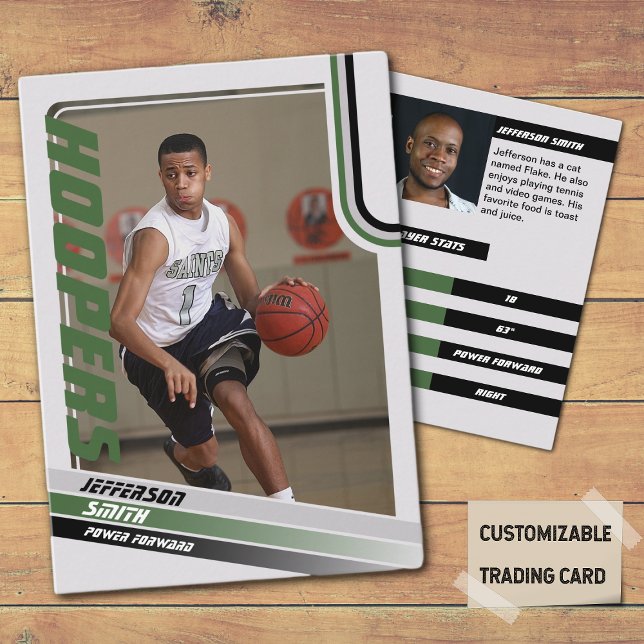 Svart Grönt för Basketball Player Anpassningsbar T (Basketball Player Trading Card in Grey with custom team name and player name with Green stripes
)