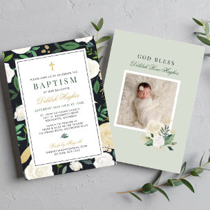 Svart Grönt och Guld Blommigt Baptism Flicka Inbjudningar