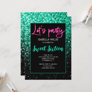 Svart grönt Svart sparkles Sweet 16 neon lets part Inbjudningar