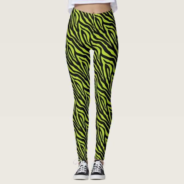 Svart Grönt Zebra tryck Mönster Leggings (Framsida)