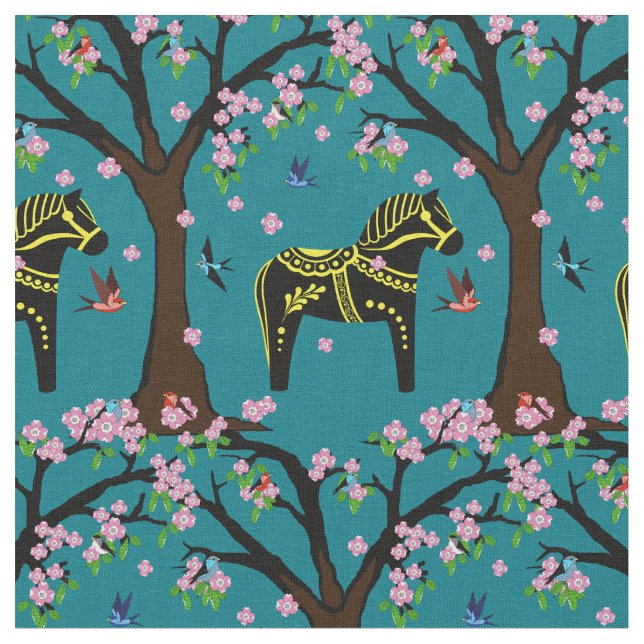 Svart/gul Folk Dala häst/Folk fåglar/flowers2.7 Tyg (Närbild)