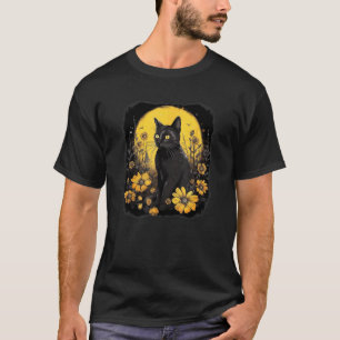 svart gul kattporträtt med vilda blommor och mo t shirt