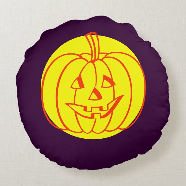 Svart gul lila dödskallar katt måne Halloween Rund Kudde (Baksidan)