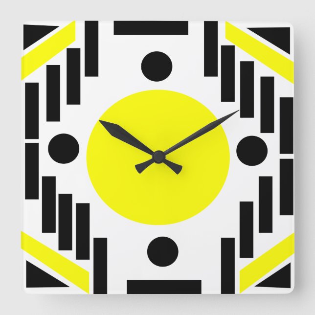 Svart Gul Mid Century Modern Geometrisk Mandala Fyrkantig Klocka (Framsida)