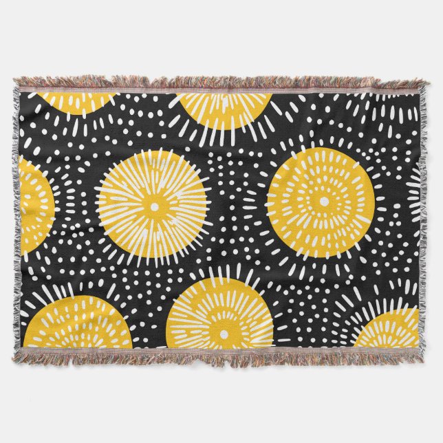 Svart gul och vit doodle burst filt (Framsidan)