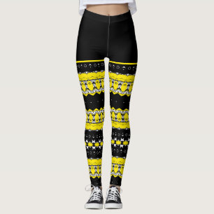 Svart, gul och vit tribal mönster leggings