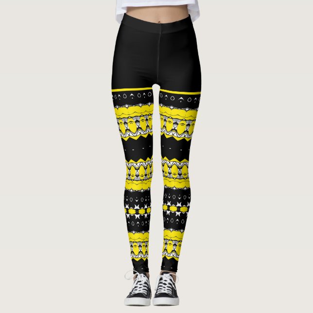 Svart, gul och vit tribal mönster leggings (Framsida)