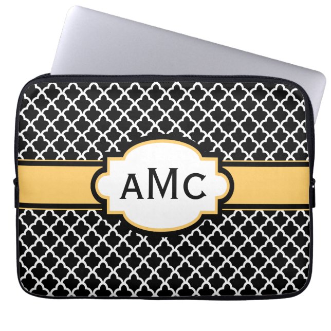 Svart gul Quatrefoil Monogramlaptop sleeve (Framsidan)