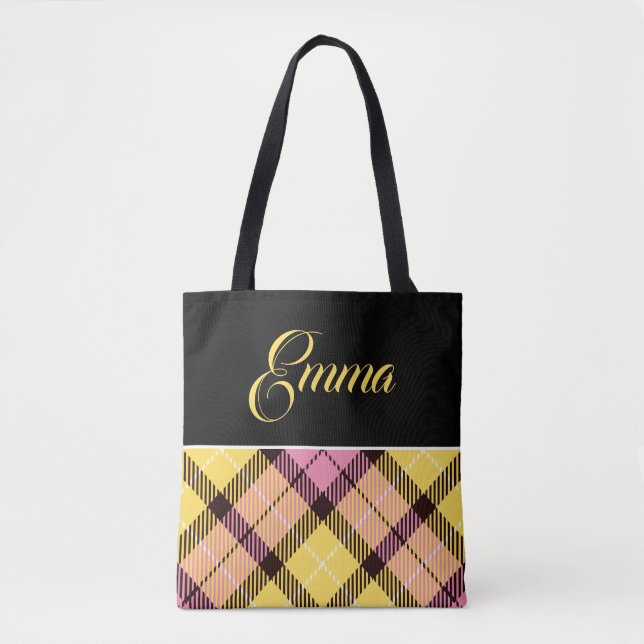 Svart Gul Rosa Randig Tartan Personligt Namn Tygkasse (Framsida)