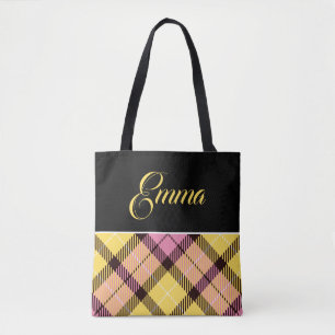Svart Gul Rosa Rutig Tartan Personligt Namn Tygkasse