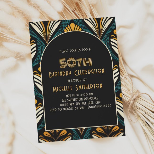 Svart Gul Teal Art Deco Båge 50-årsfirande Inbjudningar (Green, gold, and black art deco 50th birthday party invitation)