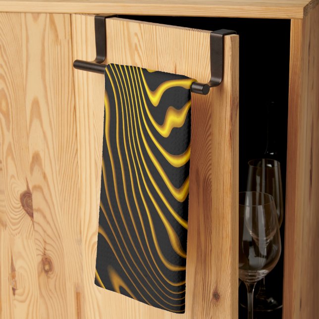 Svart Gula Guld Virvlar Textur Kökshandduk (Thirds Fold)