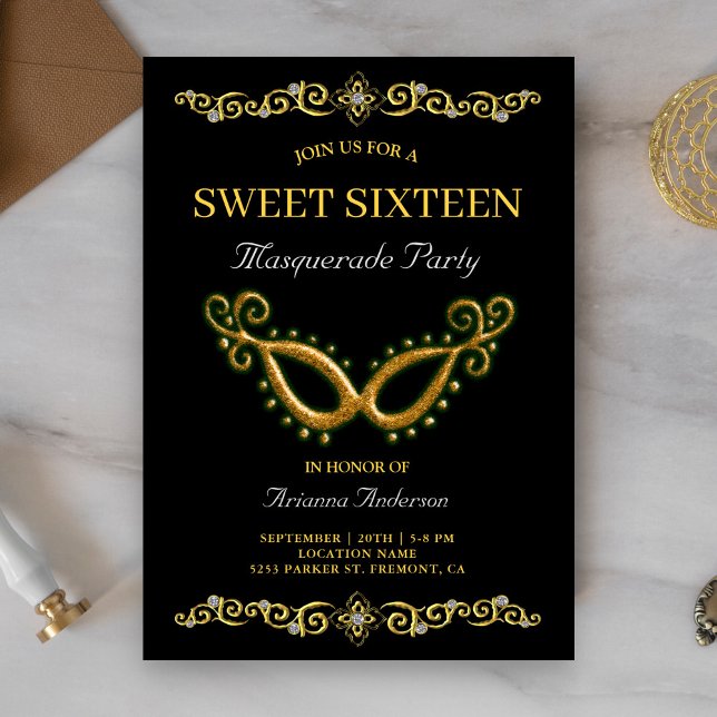 Svart Guld 16-årsdag Maskerad Sweet Sixteen Inbjudningar (Skapare uppladdad)