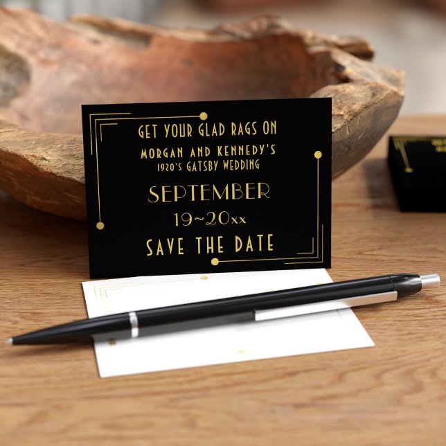 Svart Guld 1920-tal Deco Mini Bröllop Spara Datum Visitkort (If your having a Gatsby Wedding, here's some budget business card sized Save the Dates just for you)