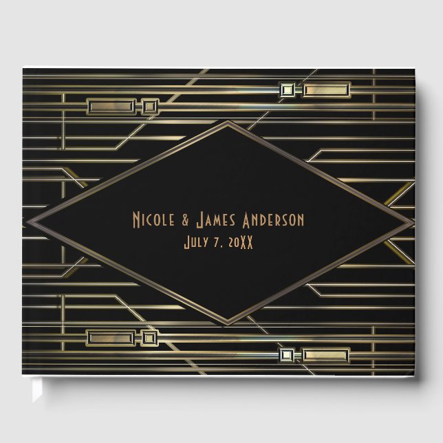 Svart & Guld 20-tals Art Deco Gatsby Glam Bröllop Gästböcker (Framsida)