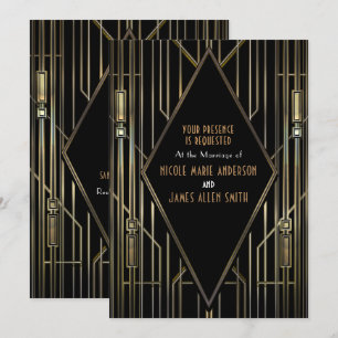 Svart & Guld 20-tals Art Deco Gatsby Glam Bröllop Inbjudningar