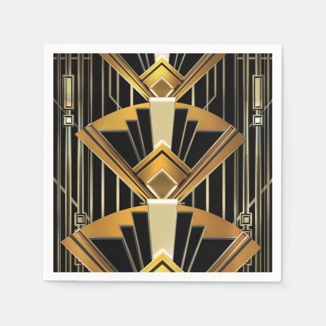 Svart & Guld 20-tals Art Deco Gatsby Glam Bröllop Pappersservett (Framsidan)