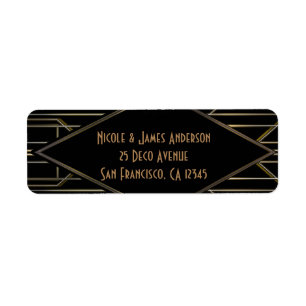 Svart & Guld 20-tals Art Deco Gatsby Glam Bröllop Returadress Etikett