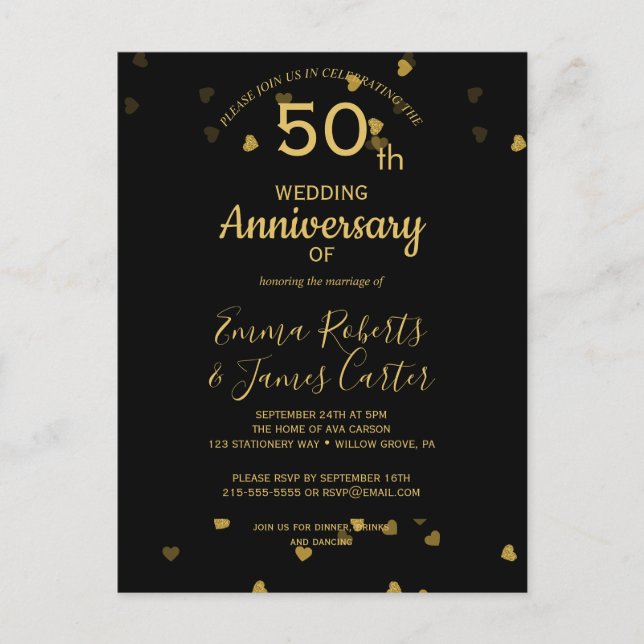 Svart & Guld 50-årsjubileumskort Inbjudan Vykort (Framsida)