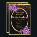 Svart guld, 60-årsdag inbjudningar<br><div class="desc">Ett feminin- och chic-inbjudningskort för en 60:e födelsedagsfest. Glamorös med elegant och klassisk svart bakgrund samt rosa och lila konetti regn. Med faux guld ram och ultraviolett och lila färgad vattenfärgade blommor. Mall för information om namn och party. Baksida: svart bakgrund med rosa och lila konetti regn.</div>