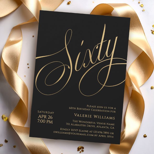 Svart Guld 60-årsfirande Elegant Kalligrafi Inbjudningar (Available in both printed and instant download digital formats.)