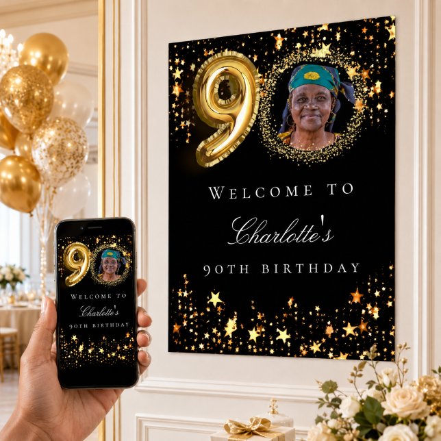 Svart guld 90-års fotofödelsedagsfest välkommen poster (Skapare uppladdad)