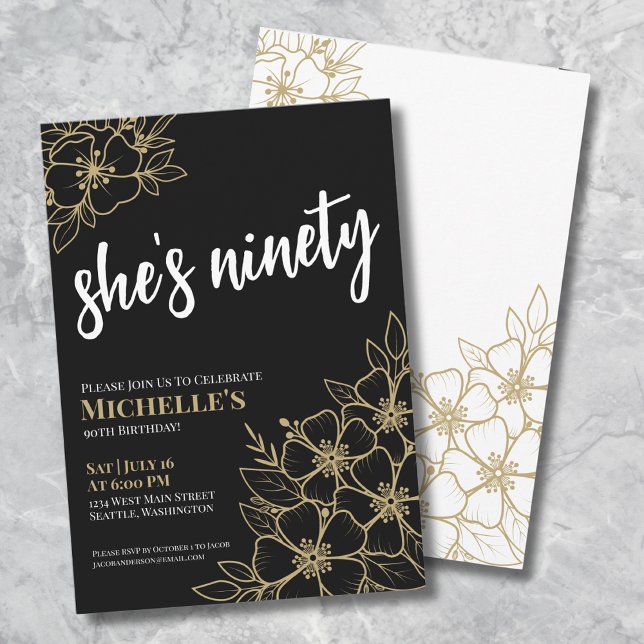 Svart Guld 90-årsfirande Inbjudningar (Elegant Ninety Black Gold 90th Birthday Party Invitation)