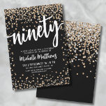 Svart guld 90:e födelsedagen inbjudningar<br><div class="desc">Inledning av en chic och firande av 90:e födelsedagsfest inbjudan, perfekt för att markera denna speciella milstolpe i stil. Elegantens utformning har en blandning av konfekti mellan guld och silver glitter, vilket ger en aning roligt och festlighet. Överst visas "nittio" på en framträdande plats i fet kalligrafi och anger tonen...</div>