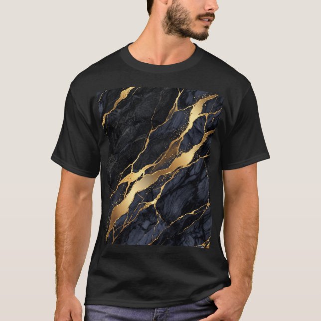 Svart Guld Abstrakt Marmor T-Shirt Lyx Estetik (Framsida)