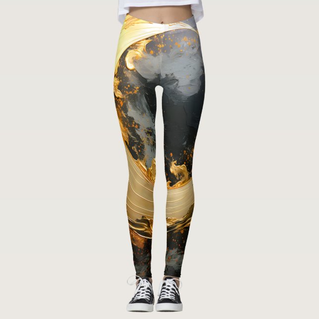 Svart Guld Abstrakt Virvel Modern Måne Leggings (Framsida)