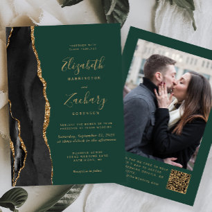 Svart Guld Agat Grön Foto QR-kod Bröllop Inbjudningar