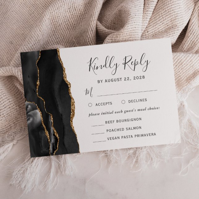 Svart Guld Agat Måltidsalternativ Bröllops RSVP-ko OSA Kort (Skapare uppladdad)