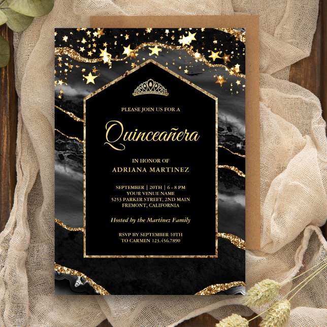 Svart Guld Agat Marmor Båge Quinceanera Inbjudningar (Skapare uppladdad)