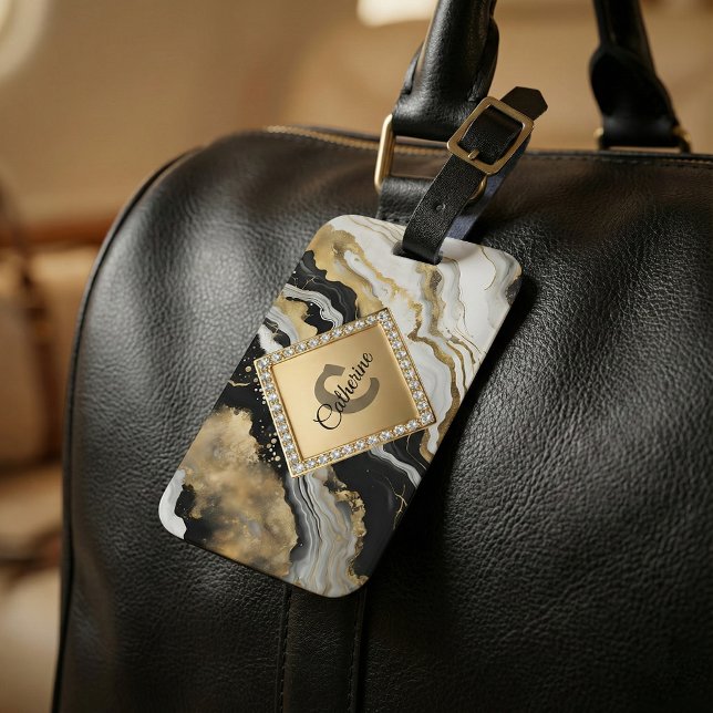 Svart Guld Agat Marmor Glam Diamant Monogram Bagagebricka (Skapare uppladdad)