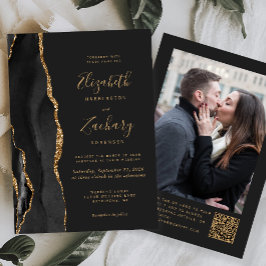 Svart Guld Agat Mörkt Foto QR-kod Bröllop Inbjudningar