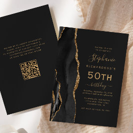 Svart Guld Agat QR-kod 50-årsdag Inbjudningar