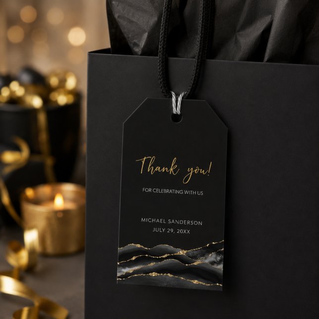 Svart Guld Agat Tack För Er Gästskenklapp Presentetikett (Luxury black and gold agate thank you favor tag displayed on an elegant gift bag)