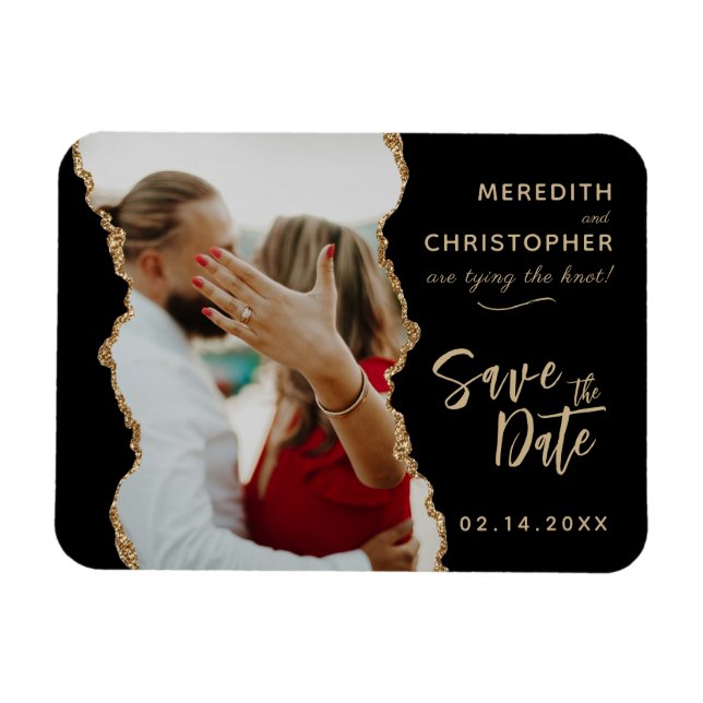Svart Guld-agate-fotot Bröllop Spara datum Magnet (Horisontell)